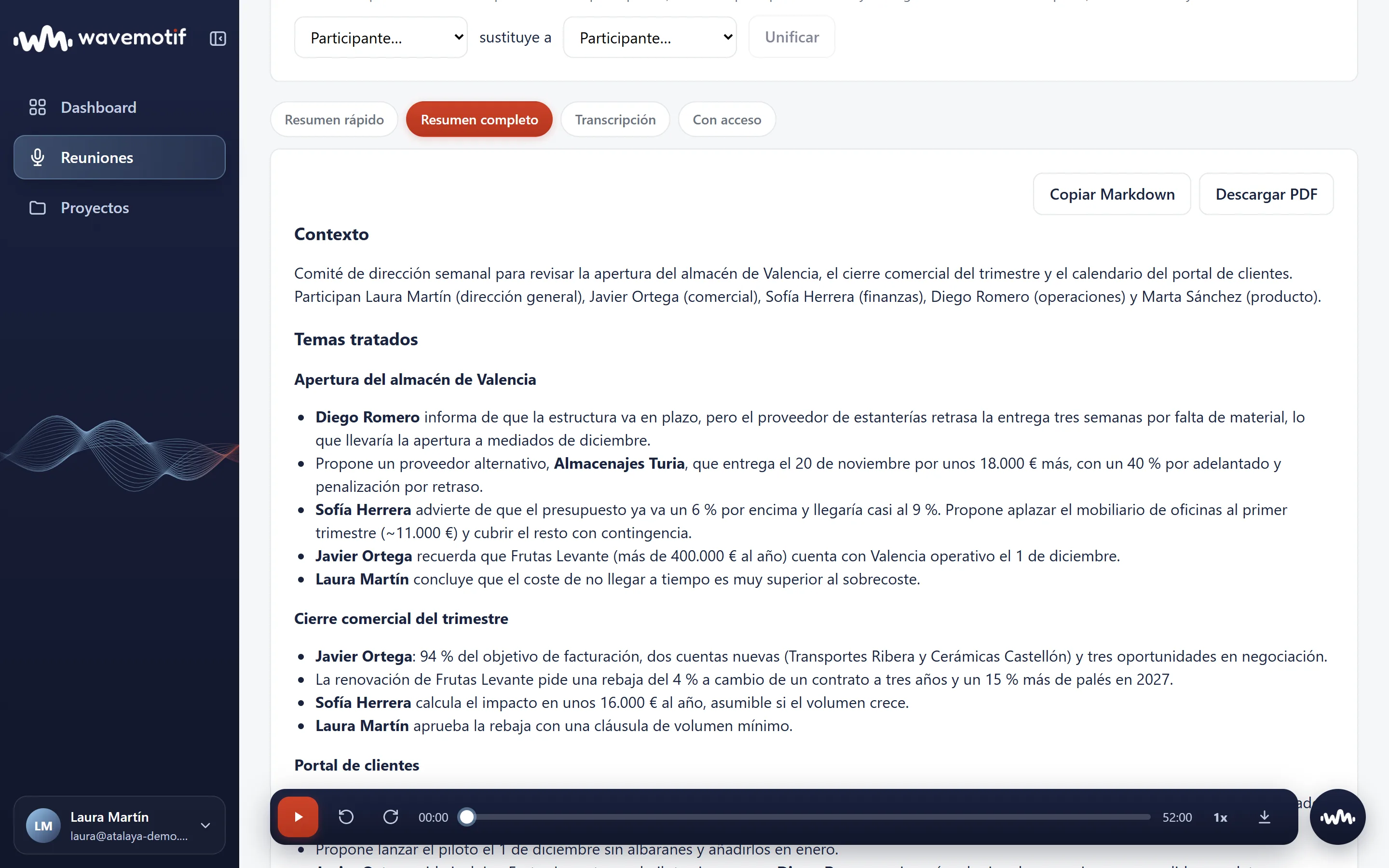 Resumen completo de una reunión en Wavemotif con contexto, temas tratados y lo que aportó cada participante
