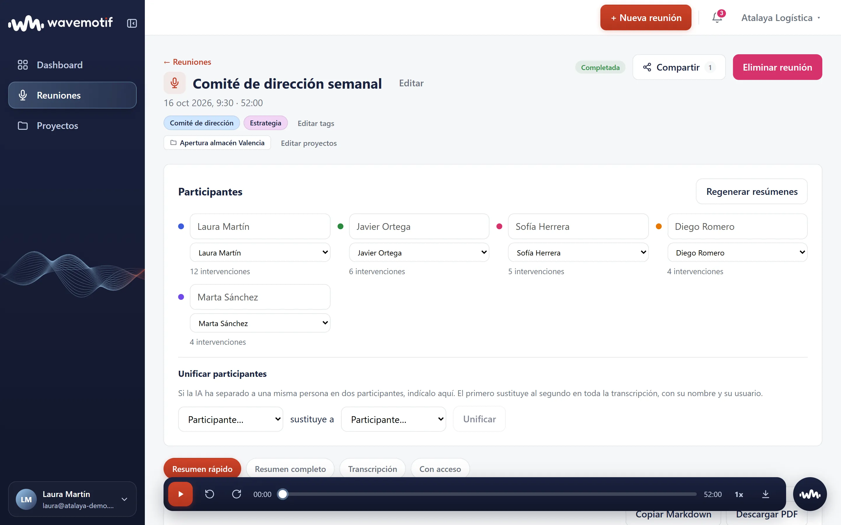 Cabecera de una reunión en Wavemotif