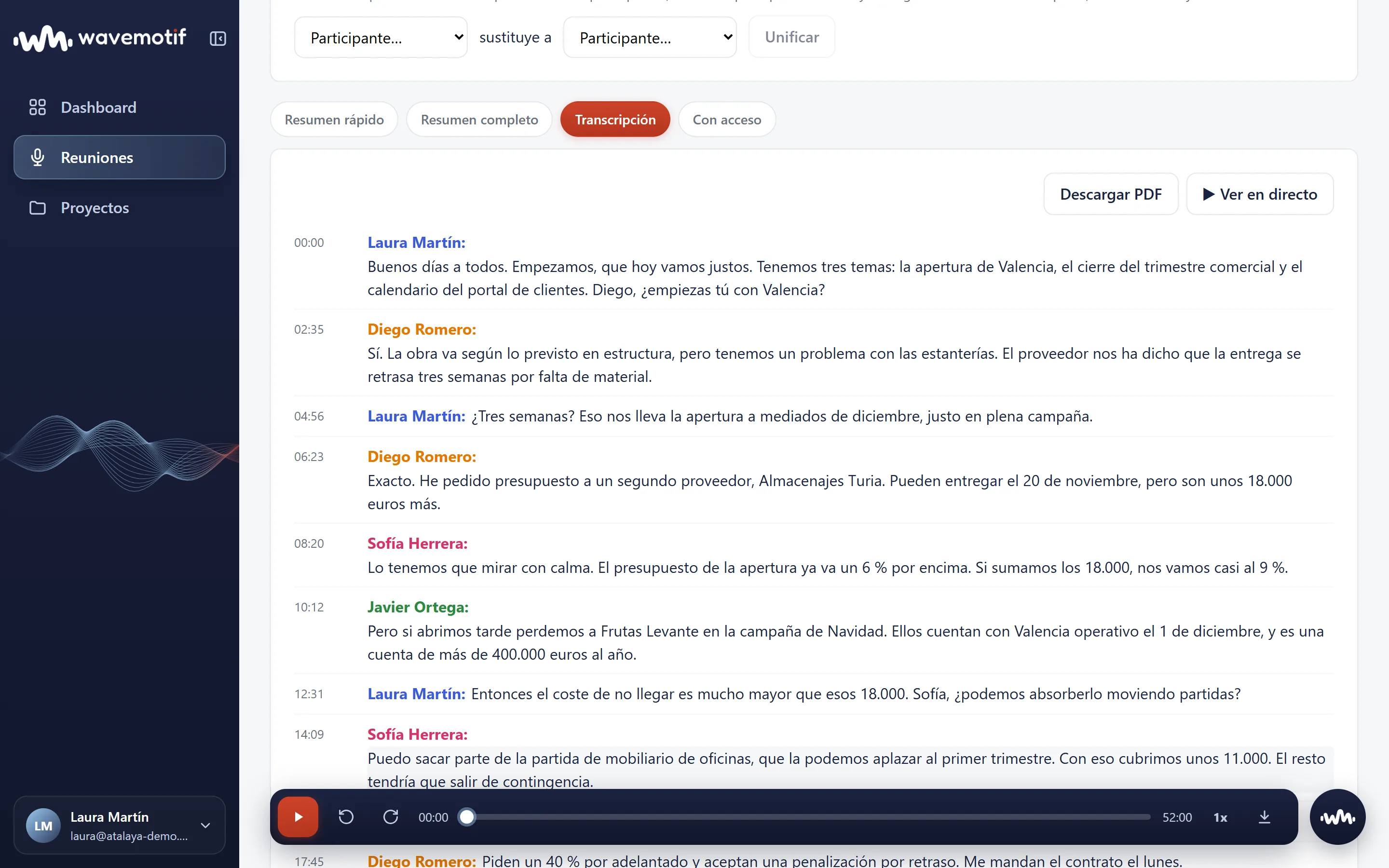 Transcripción de una reunión con cada intervención atribuida a su participante y la marca de tiempo